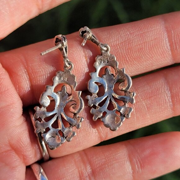 Vintage 925 sterling silver Art Deco ornate marcasite adorned unique earrings - Picture 5 of 16